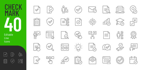 Check Mark Line Editable Icons set. Vector illustration in thin line modern style of confirmation mark related icons: documentation, selection, training, conventions and buttons. Isolated on white © Vectuz