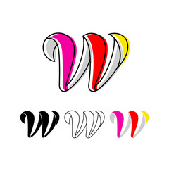 Colorful curvy letter W, handwritten script alphabet, cursive calligraphy typeface, vector hand-drawn typeface isolated on a white background.