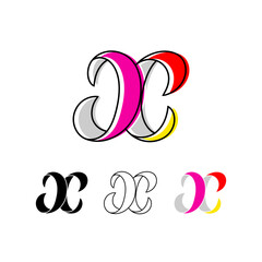 Obraz premium Colorful curvy letter X, handwritten script alphabet, cursive calligraphy typeface, vector hand-drawn typeface isolated on a white background.