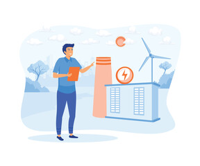  A man is renewing electrical energy and natural resources.flat vector modern illustration 