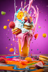 sweet dessert, ice cream with fruits on a colored background, delicious and beautiful food