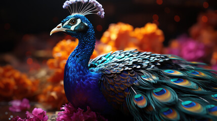 Close Up of Colorful Peacock Face on Selective Focus Background