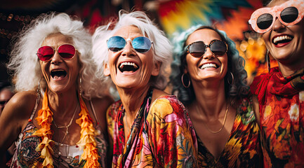 several old ladies in colorful outfits smiling for the camera - obrazy, fototapety, plakaty