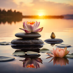  Spa Stones And Waterlily In Lake At Sunset