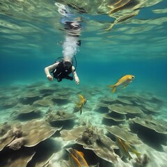 Diving shallow water in the sea and enjoy looking at fish