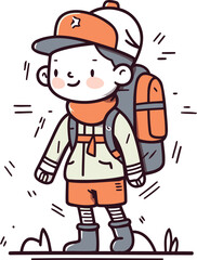 Cute little boy with backpack vector illustration in doodle style