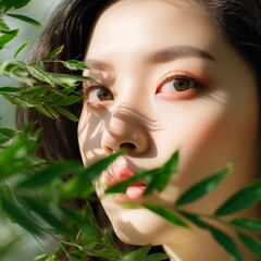 Closeup a pretty young Asian woman looking past the leaves with sunlight and shadow on her face