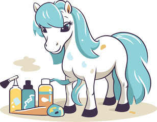 Illustration of a cute cartoon pony with a set of cosmetic products