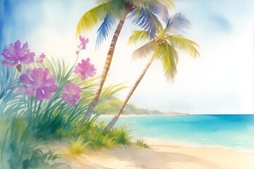 Fototapeta premium Watercolor painting of Palms on the beach. AI generated illustration