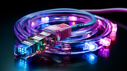 Colorful Fiber Optic cables with LED lights on a black background. 3d rendering. Generative AI technology