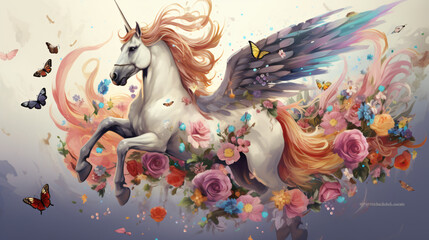 Floral unicorn flying