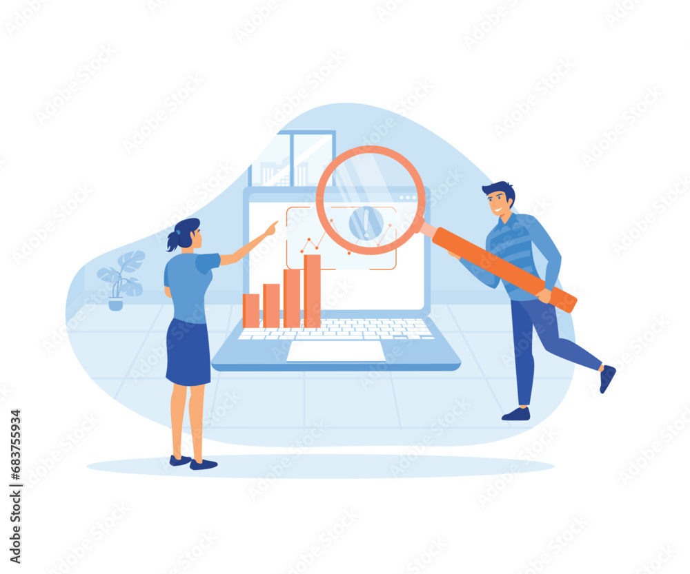 Poster man and woman looking at remote server from laptop using magnifying glass to analyzing large sets of