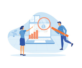 Man and woman looking at remote server from laptop using magnifying glass  to analyzing large sets of data and recognizing mistakes.  flat vector modern illustration 