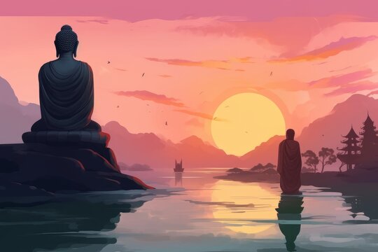 Digital illustration painting design style fisherman standing on the rock and looking at to big statue of Buddha statue, against sunset, Generative AI