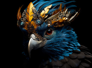 A Colorful Beautyful parrot Bird in blue and Gold Feathers, perfect closeup portrait, Dark Dramatic light.