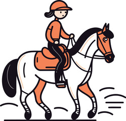 Girl jockey riding a horse vector illustration in linear style