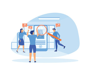 People scanning qr code for payment via smart phone. Group of businesspeople scan code using mobile phone.  flat vector modern illustration 