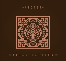 Square Asian Pattern with Floral Accents and Geometric Shapes