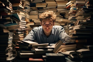 Photo of a student surrounded by stacks of books and papers, looking overwhelmed by their workload. Generative AI