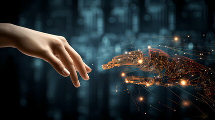 AI, Machine learning, Hands of robot and human touch on big data network	