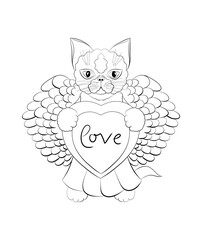 Hand drawn cute cat with wings and heart, outline drawing for Valentine's day and coloring.