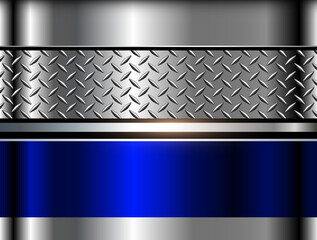 Metallic silver blue background, 3d metal shiny chrome with diamond plate texture