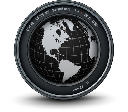 Camera photo lens with earth globe, The world inside the camera, 3D icon.