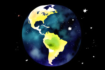 Planet Earth with American continent in deep space with stars Science Astronomy Backdrop Watercolor Style