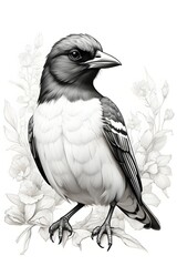 Fototapeta premium Black and white illustration of crow on a branch.