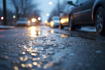 street with ice and car driving along it - obrazy, fototapety, plakaty