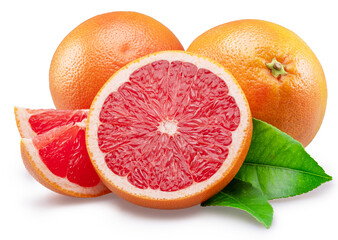 Red grapefruits and grapefruit slices on white background. File contains clipping path.