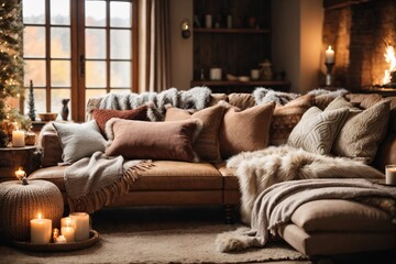 Rustic sofa with many pillows, knitted and fur blankets by fireplace. Warm and inviting autumn atmosphere. Farmhouse, nordic home interior design of modern living room.