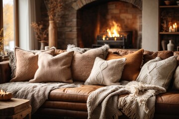 Fototapeta na wymiar Rustic sofa with many pillows, knitted and fur blankets by fireplace. Warm and inviting autumn atmosphere. Farmhouse, nordic home interior design of modern living room.