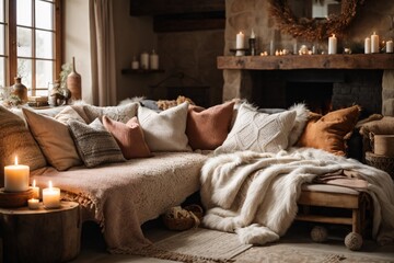 Rustic sofa with many pillows, knitted and fur blankets by fireplace. Warm and inviting autumn atmosphere. Farmhouse, nordic home interior design of modern living room. - obrazy, fototapety, plakaty