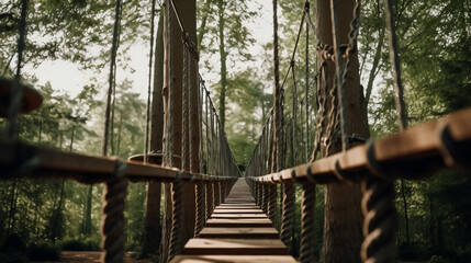 Wooden rope bridge in the forest park. Generative AI