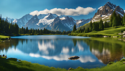 A serene mountain lake scene has lush green grass, rocks, and snowcapped peaks reflected in calm water beneath a vivid blue sky for tranquil natural beauty.