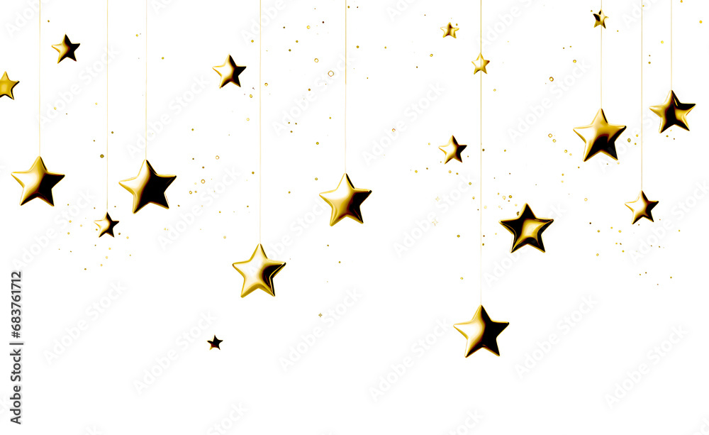 Poster golden stars hanging on strings against on a transparent background, celebratory vibe. generative ai