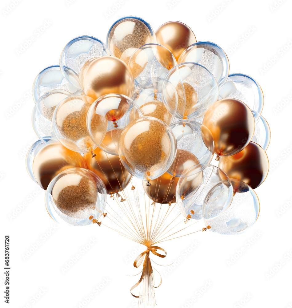 Poster radiant cluster of golden and transparent balloons on a transparent background. celebration theme te