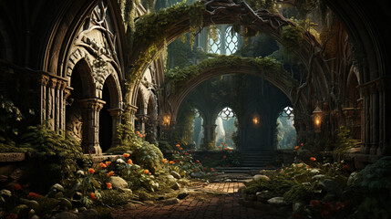 Spectacular fantasy scene with a portal archway covered in creepers. Generative AI