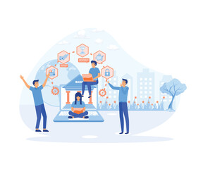 online Internet banking concept, bank employers help to carry out online payment and savings transactions around the world.  flat vector modern illustration 