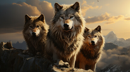 Wild wolfs in nature wilderness. Generative AI - obrazy, fototapety, plakaty