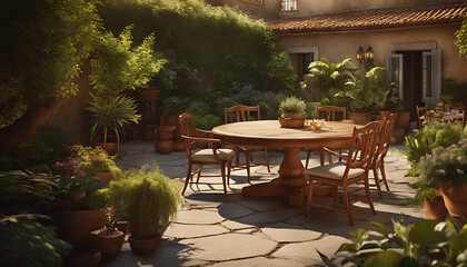 An open-air courtyard features a circular wooden table surrounded by plants and chairs, occupied by no one enjoying a sunny social gathering in nature.