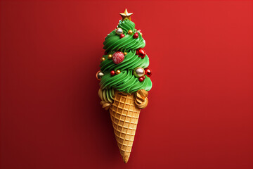 Cristmas tree shaped ice cream cone green red and gold colors - obrazy, fototapety, plakaty