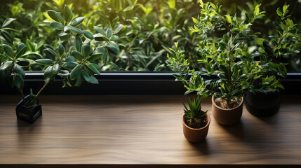 Desk of free space with green plant and window of spring time. Generative AI