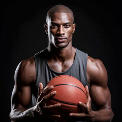 Realistic afro-american basketball player holding ball in his arms. Dark background. AI generated image.