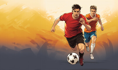 Soccer players running with ball. Cartoon style AI generated image.