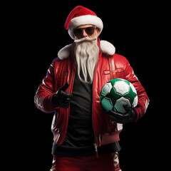 Santa Claus with ball. Use it for sport competition Christmas porter design. AI generated image.