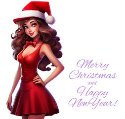 Christmas girl in red dress and holiday hat. White background. AI generated image.
