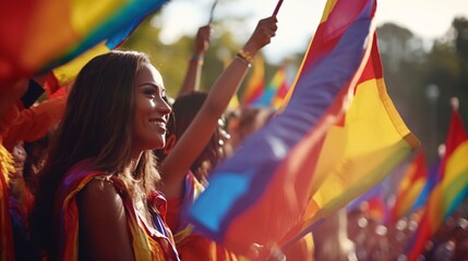 Fototapeta na wymiar a woman holding a rainbow flag
