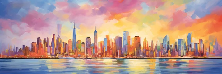 Room darkening curtains Watercolor painting skyscraper an exciting painting of a skyline with bright color palettes soft tonal transitions